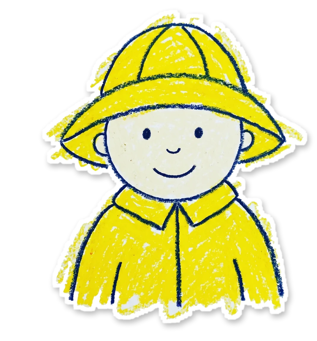 The NewfieStick fisherman in his yellow sou'wester, with the story characters gathered around him