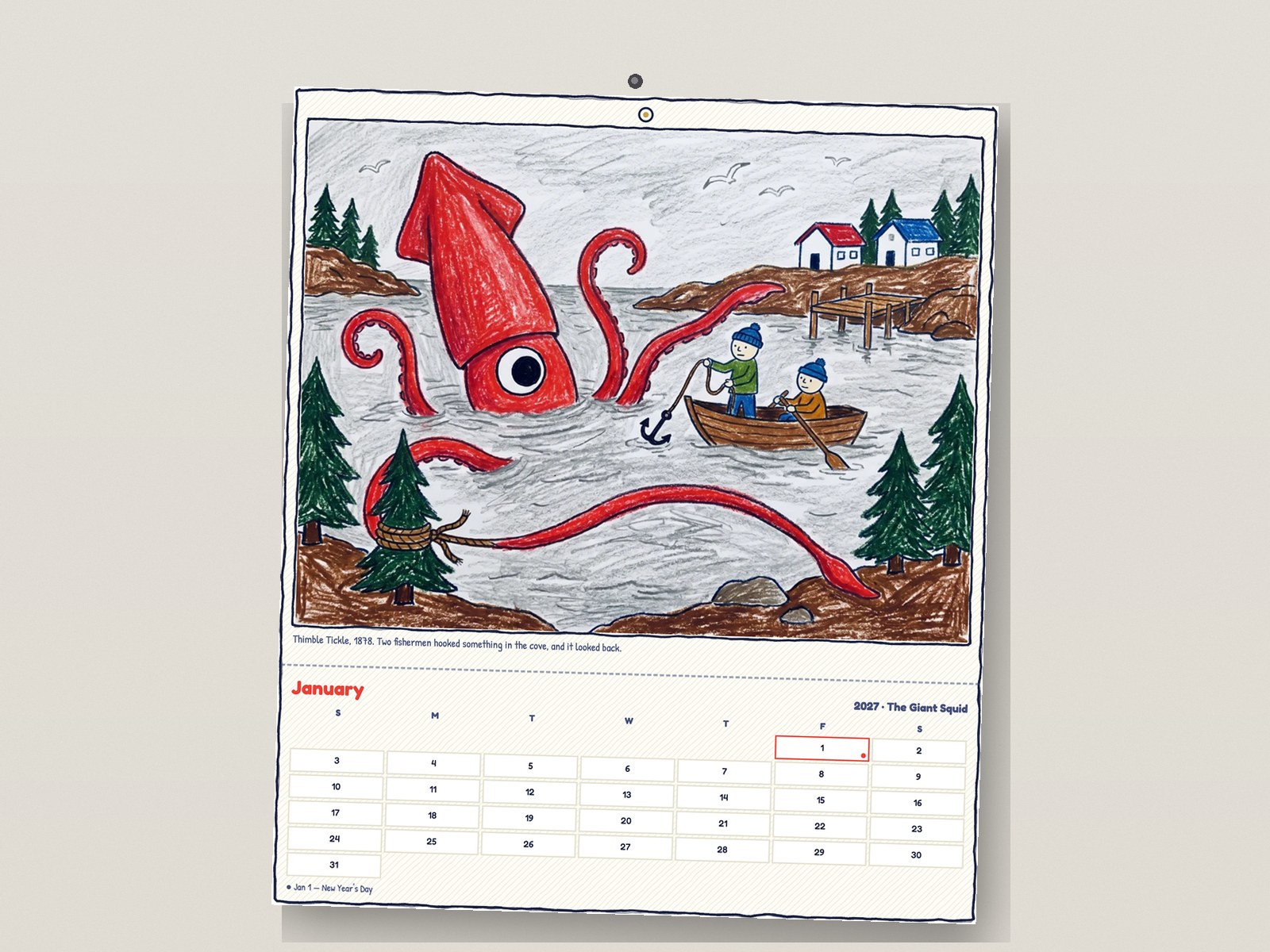 The 2027 NewfieStick calendar hanging open on January